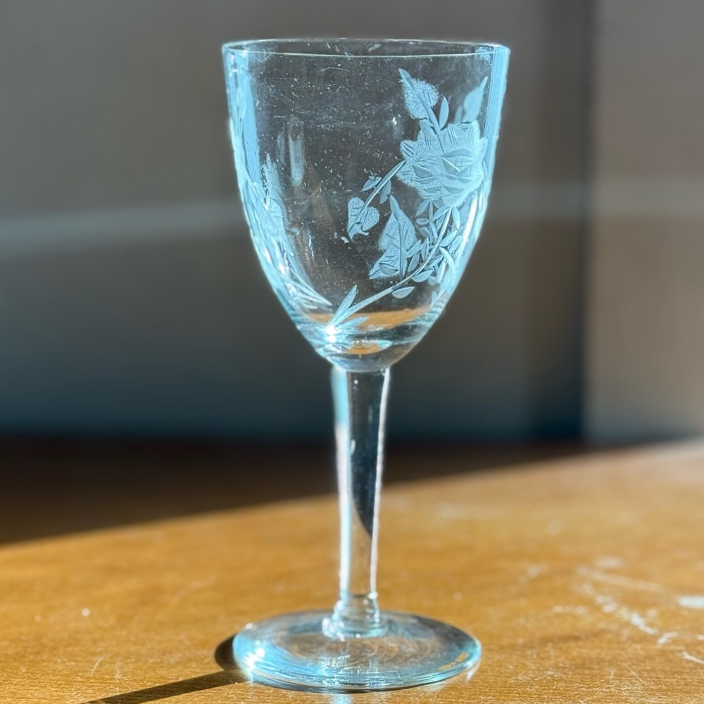 Antique floral etched wine glass